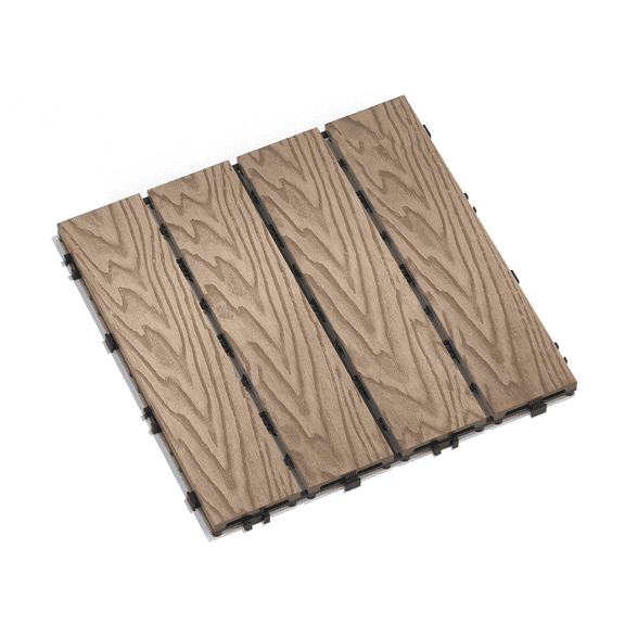 Patio Floor Tiles Pack of 11 WPC Wood-Plastic Composite Patio Deck Tiles DIY Interlocking Decking Tiles, Quick Deck Floor Tile, Court Tile, Water Resistant Indoor Outdoor -11.8" 3D TEAK
