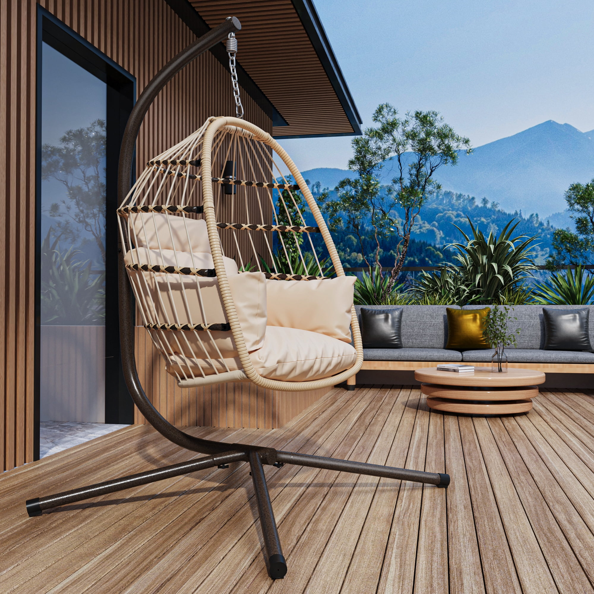 Patio Foldable Hanging Swing Chair with Stand Natural Color Front Porch Outdoor Patio Furniture Chairs Set Walmart