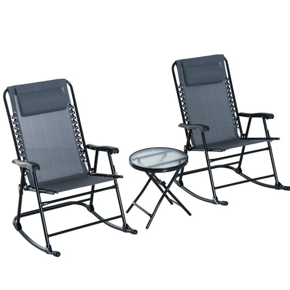 Patio Folding Bistro Chair Table , 3 Piece Outdoor Rocking With Round Glass Coffee For Backyard, Grey And Backyard