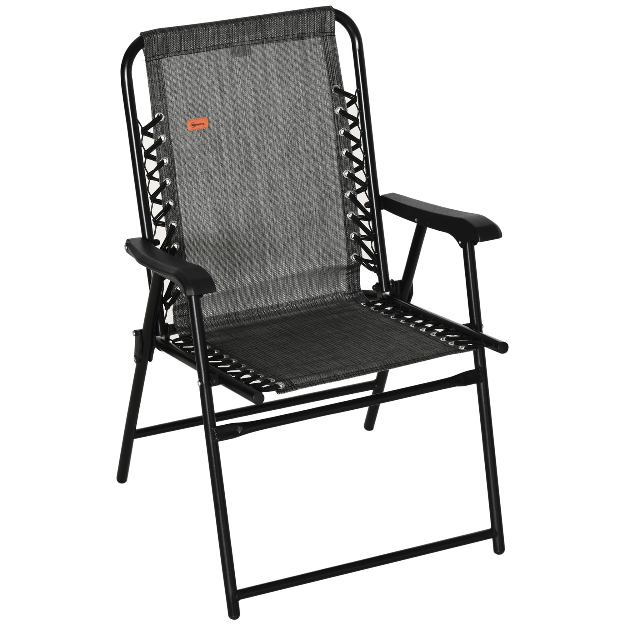 Patio Folding Bungee Sling Chair with Armrests, Portable Outdoor Lawn Chair for Camping Garden Pool Beach Backyard, Gray
