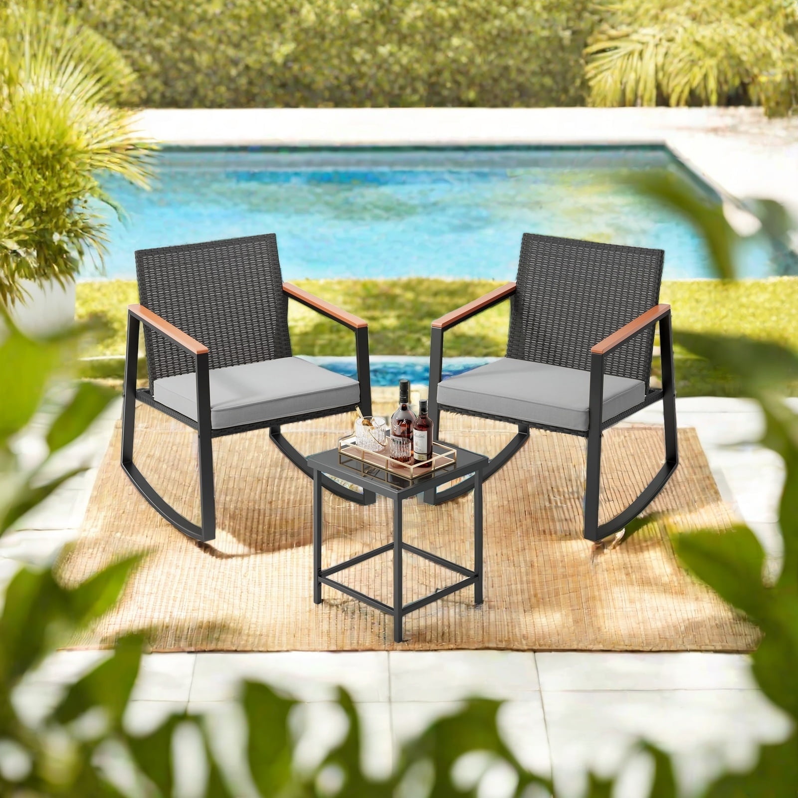 3 Pieces Rocking Patio Furniture set with Patio Table and Chairs,Lofka Outdoor Furniture Set for Garden, Grey