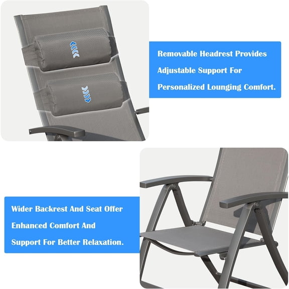 Patio Folding Chairs Set of 2, Black Aluminum Frame with Breathable Textilene, 4-Position Adjustable Reclining Backrests & Moveable Headrests for Outdoor Comfort.