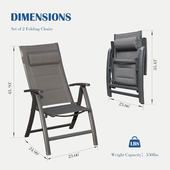 Patio Folding Chairs Set of 2 - Black Aluminum Textilene w/ Padded Adjustable Headrest & 4 Reclining Positions - Heavy Duty 350lb Capacity for Outdoor Camping, Beach, Backyard