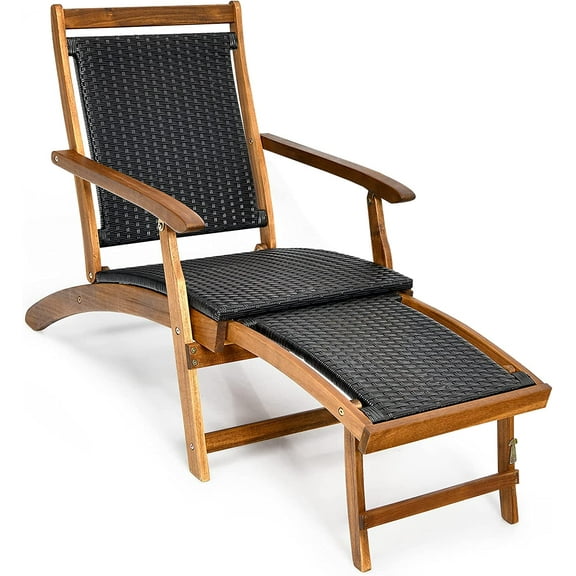 Patio Folding Rattan Lounge Chair, Acacia Solid Wood Frame, Low Deck Chair with Convenient Retractable Footrest, 24 x 51.5 x 32.5