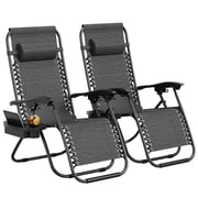 Patio Folding Recliner Chair Set of 2, Adjustable Outdoor Lounge Chair with Pillow & Cup Holder, Portable Lightweight Chair for Beach, Camping, Poolside, Garden - Gray