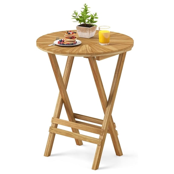 Patio Folding Side Table, 23.5" Teak Wood Round End Table with Slatted & X-Shaped Frame, Portable & Compact Bistro Table for Backyard, Poolside, Garden, Fully Assembled, Natural