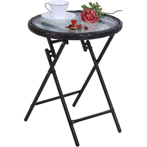 Patio Folding Side Table Round Outdoor End Table Small Portable Bistro Coffee Table with Tempered Glass Top with Rattan Edge and Metal Frame for Outdoor and Indoor