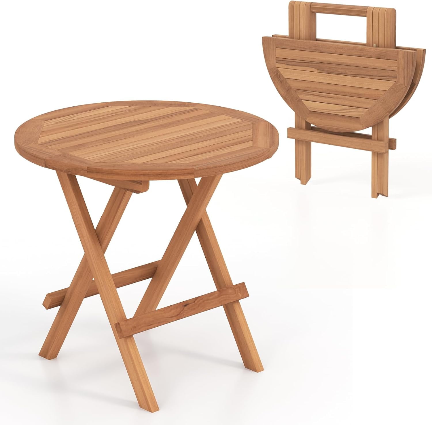 Teak Wood Round Folding Patio Side Table with Slatted Top