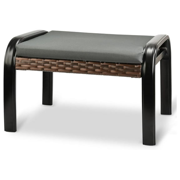 Patio Footstool Ottoman Outdoor Foot Rest with Aluminum Frame Rattan Furniture Foot Stools Seat with Soft Cushion for Garden Yark 1 Set Brown