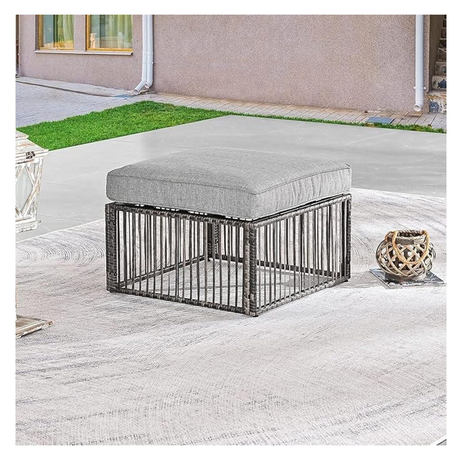 Patiño Resty Patio Footstool Outdoor Ottoman - Gray Wicker Rattan Rest with Thick ...