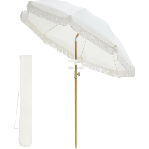 Patio Fringe Umbrella with Cup Holder,UPF50+ Boho Outdoor Umbrella with Tassel for Beach,Backyard,Terrace