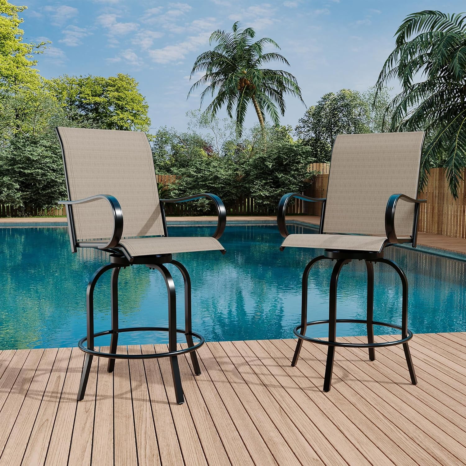 Patio Furniture 2Pcs Outdoor Swivel Bar Chairs, High Back & Armrest ...