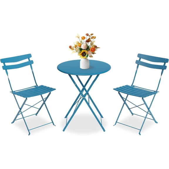 Patio Furniture 3Pcs Patio Bistro Set, Folding Patio Bistro Table and Chairs Set of 2, Outdoor Patio Furniture Set, Metal Structure, No Assembly Need, for Balcony Yard Garden, Peacock Blue