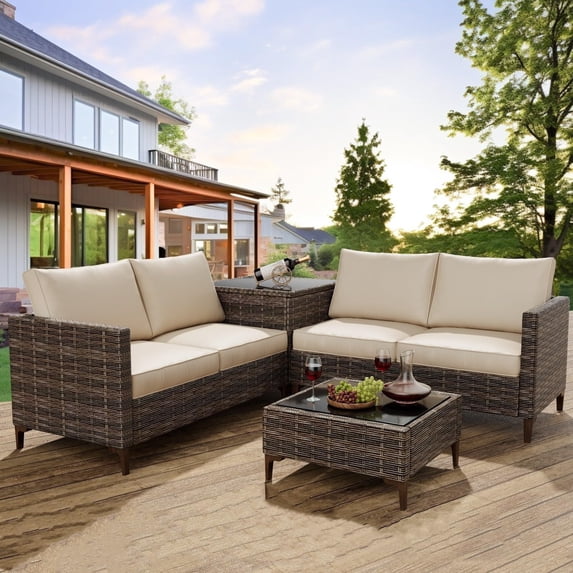 Patio Furniture 4Pcs Patio Furniture Set, Patio Sectional Furniture Set, Rattan Wicker Outdoor Conversation Sets with Storage Box Glass Top Table