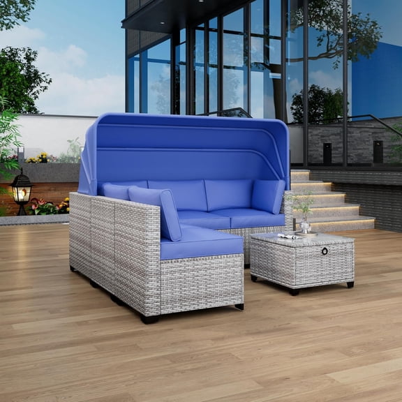 Patio Furniture 6Pcs Patio Sectional Sofa Set PE Rattan Daybed with Retractable Canopy, Outdoor Wicker Sunbed Chaise Chair Conversation Furniture Sets with Adjustable Backrest, Gray & Blue