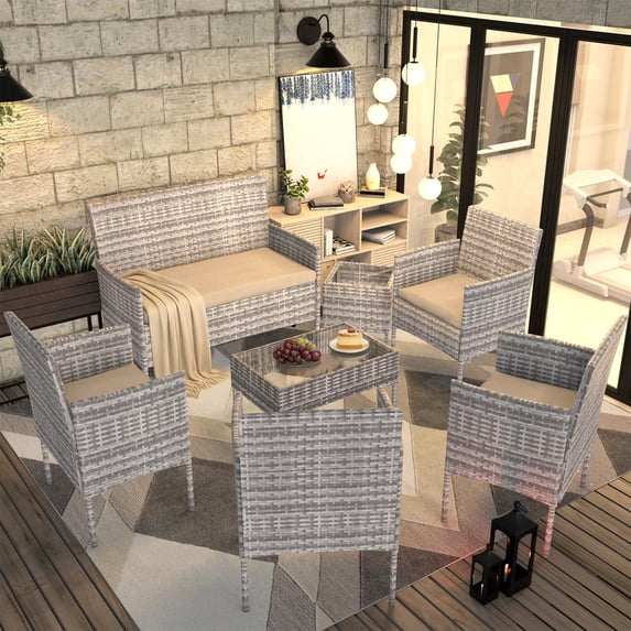 Junkai 7-Piece PE Rattan Water-Resistant UV-Resistant Outdoor Conversation Sets with Bistro Loveseat and Table, Gray