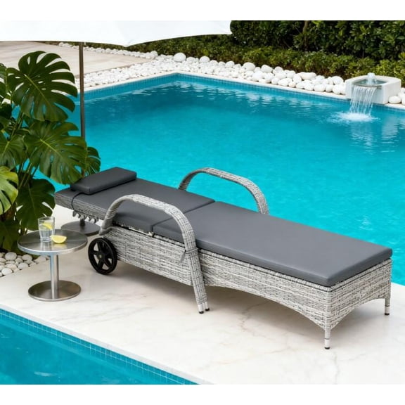 Patio Furniture Adjustable Backrest Rattan Pool Lounge Chair,Outdoor Chaise Lounge with Wheels, Cushion & Headrest,Outdoor Sofa