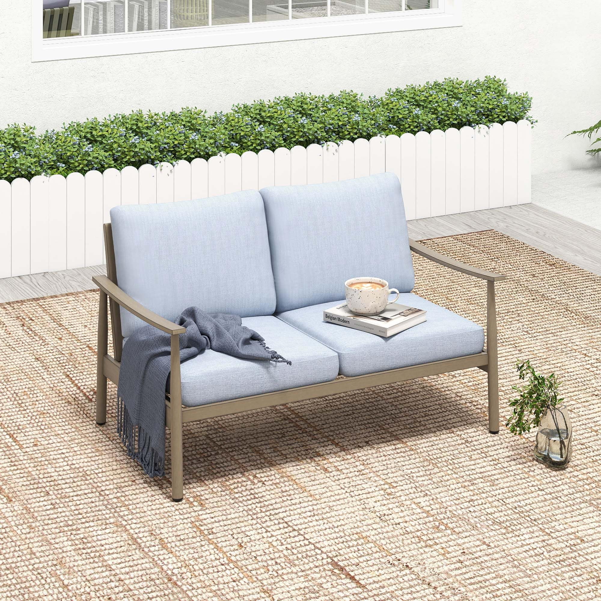 Patio Furniture Aluminum Loveseat Outdoor 2 Seats Sofa Couch with Cushion and Rope Backrest