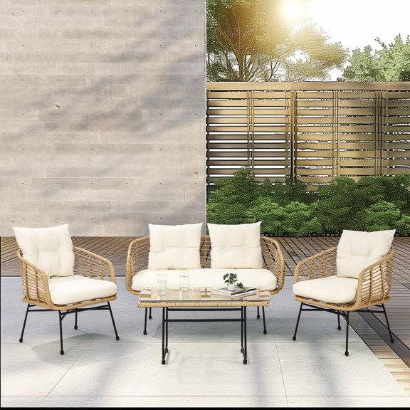 Patio Furniture Bistro Sets 4 Pieces, Boho Rope Wicker Patio Conversation Set for Backyard, Porch with Soft Cushions and Table Chestnut, Brown and Creamy Apricot