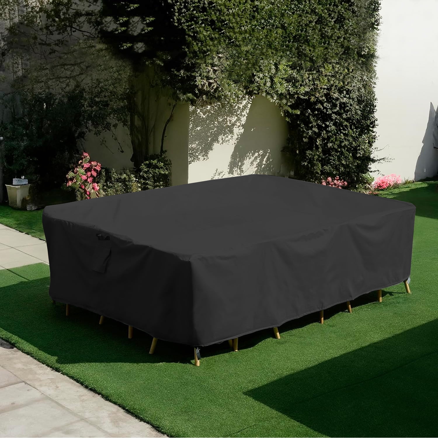 2-in-1 Patio Furniture Cover - Multi-Use Waterproof Outdoor Table & Sofa Protector, Heavy Duty UV Resistant Patio Table Cover,126" L x 126" W x 28"H,Black