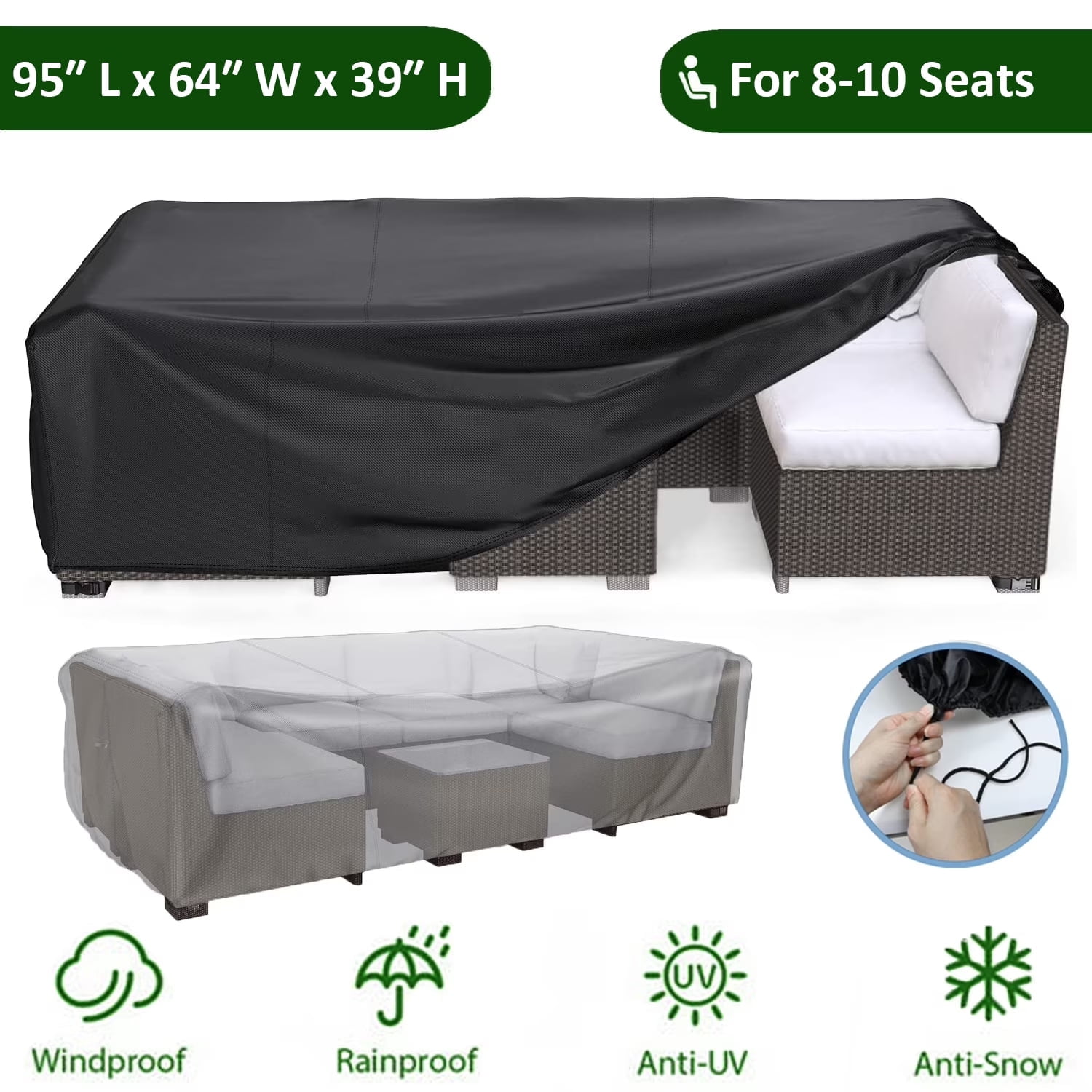 Patio Furniture Cover Waterproof, Heavy Duty Outdoor Furniture Cover, Couch Sectional Sofa Set Cover, Black Patio Table Cover Fits, 95 in x 64 in x 39in
