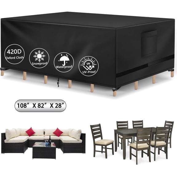 Patio Furniture Cover, Waterproof Rectangle Outdoor Table Cover, Heavy Duty Sectional Set Protection 108"L x 82"W x 28"H, Black