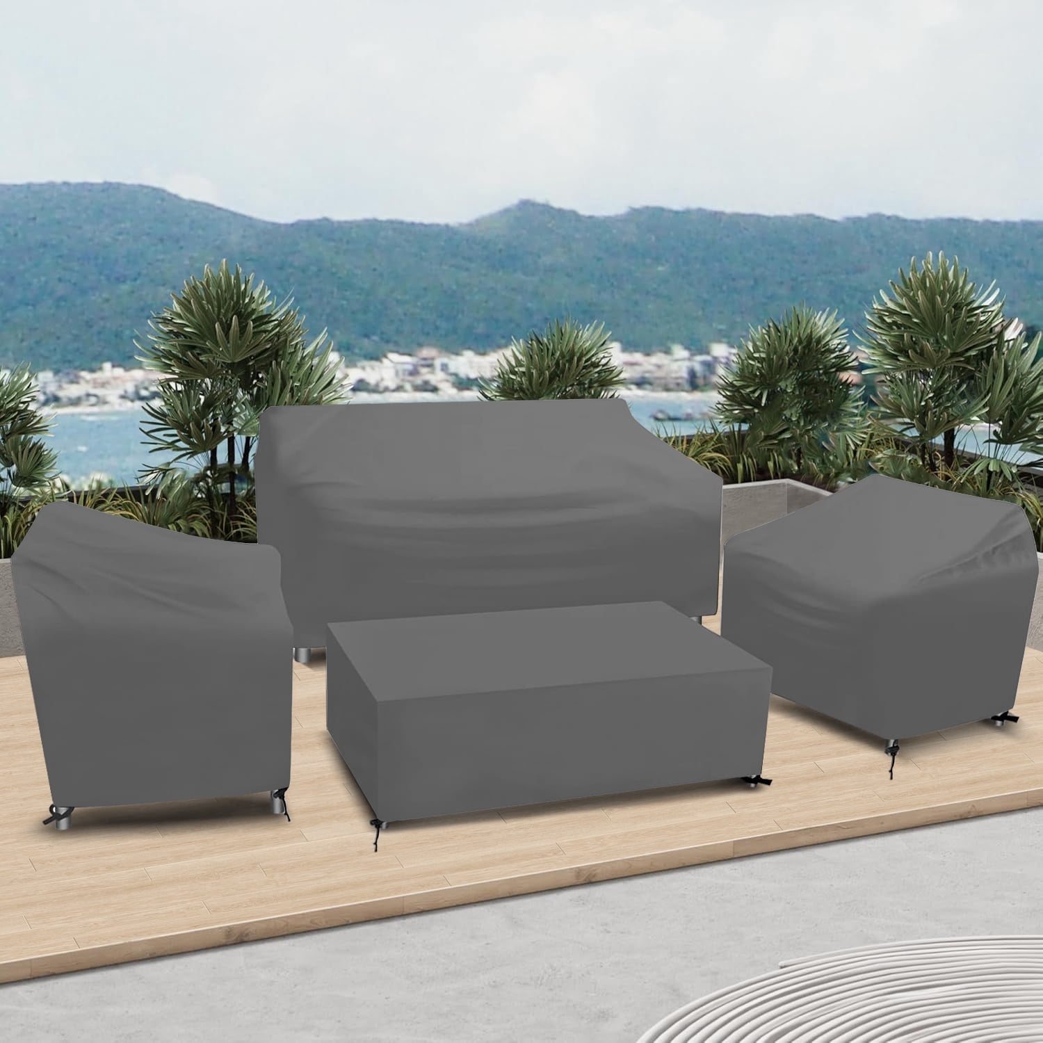 Patio Furniture Covers for 4-Piece Furniture Set, Heavy-Duty Waterproof Outdoor Furniture Covers, Include 2 Armchair Covers, 1 Sofa Cover, 1 Coffee Table Cover, Gray