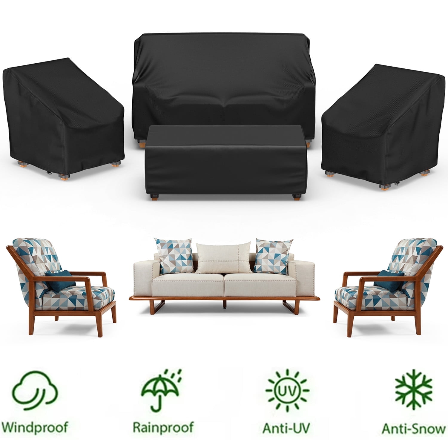 4 Pcs Patio Furniture Covers Waterproof, 420D Heavy Duty Tear-Resistant Outdoor Furniture Cover with Windproof Buckles & Adjustable Drawstring