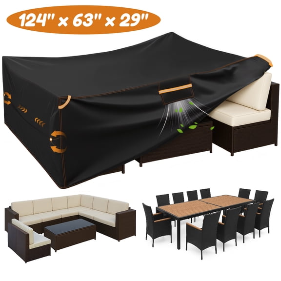 YEERSWAG Extra Large Outdoor Furniture Cover Waterproof, 124" x 63" x 29" Patio Set Cover Weatherproof 420D Oxford Outdoor Dining Set Cover with Vent for Outside Tables, Sofa, Chairs, Black