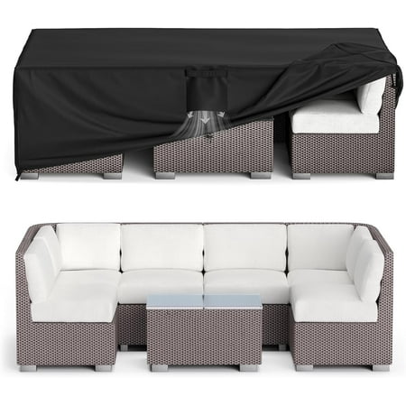 Patio Furniture Covers Waterproof, Outdoor Furniture Black Cover 98L x 78W x 28H Inches, Rectangular Table and Chair Set Covers Rip-Resistant Material with Windproof Buckles