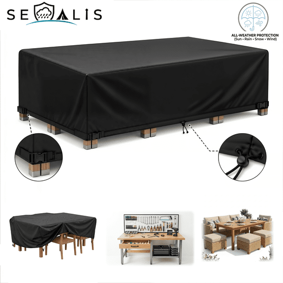 Seralis Outdoor Table Cover 90"x64"x28" Black Patio Furniture Set Cover Waterproof Rip-Resistant with Windproof Buckles