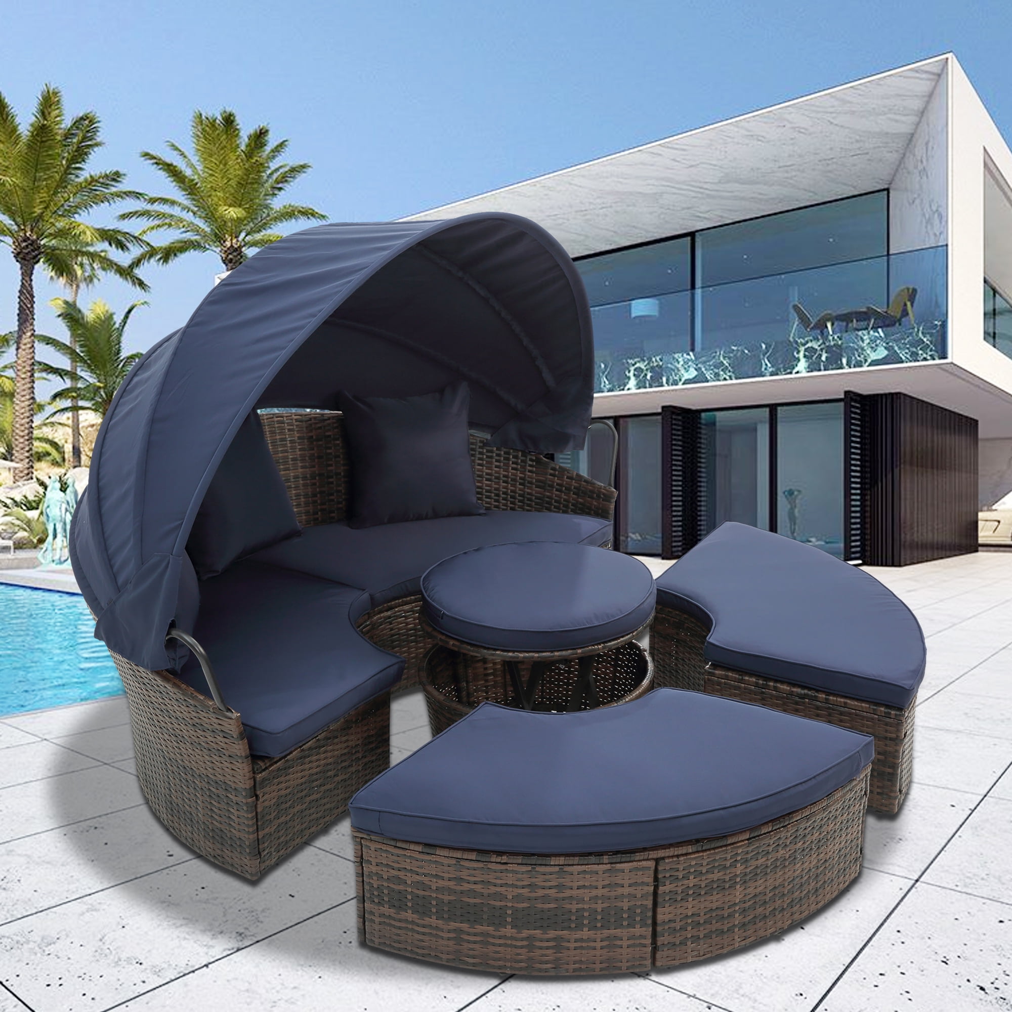 Patio Furniture Daybed Sets, Round Patio Daybed Sunbed with Retractable