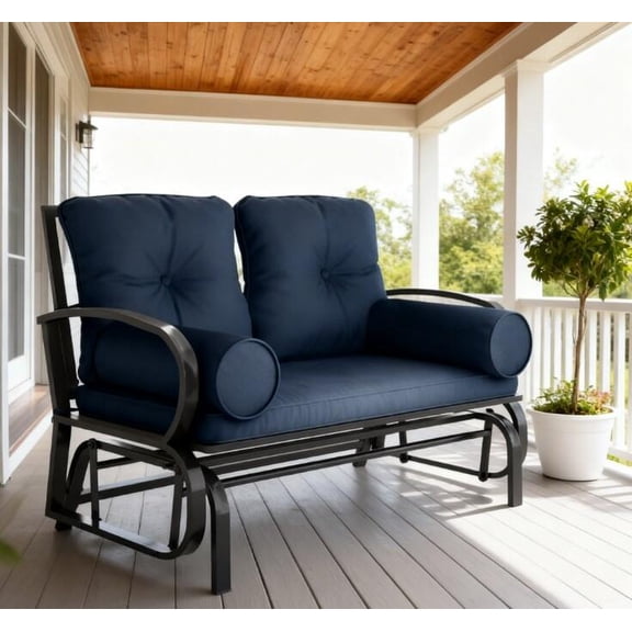 Patio Furniture Double Patio Bench,Swing Glider Rocking Chair,2 Person Loveseat with Steel Frame,Cushions,Pillow Armrests,Outdoor Sofa
