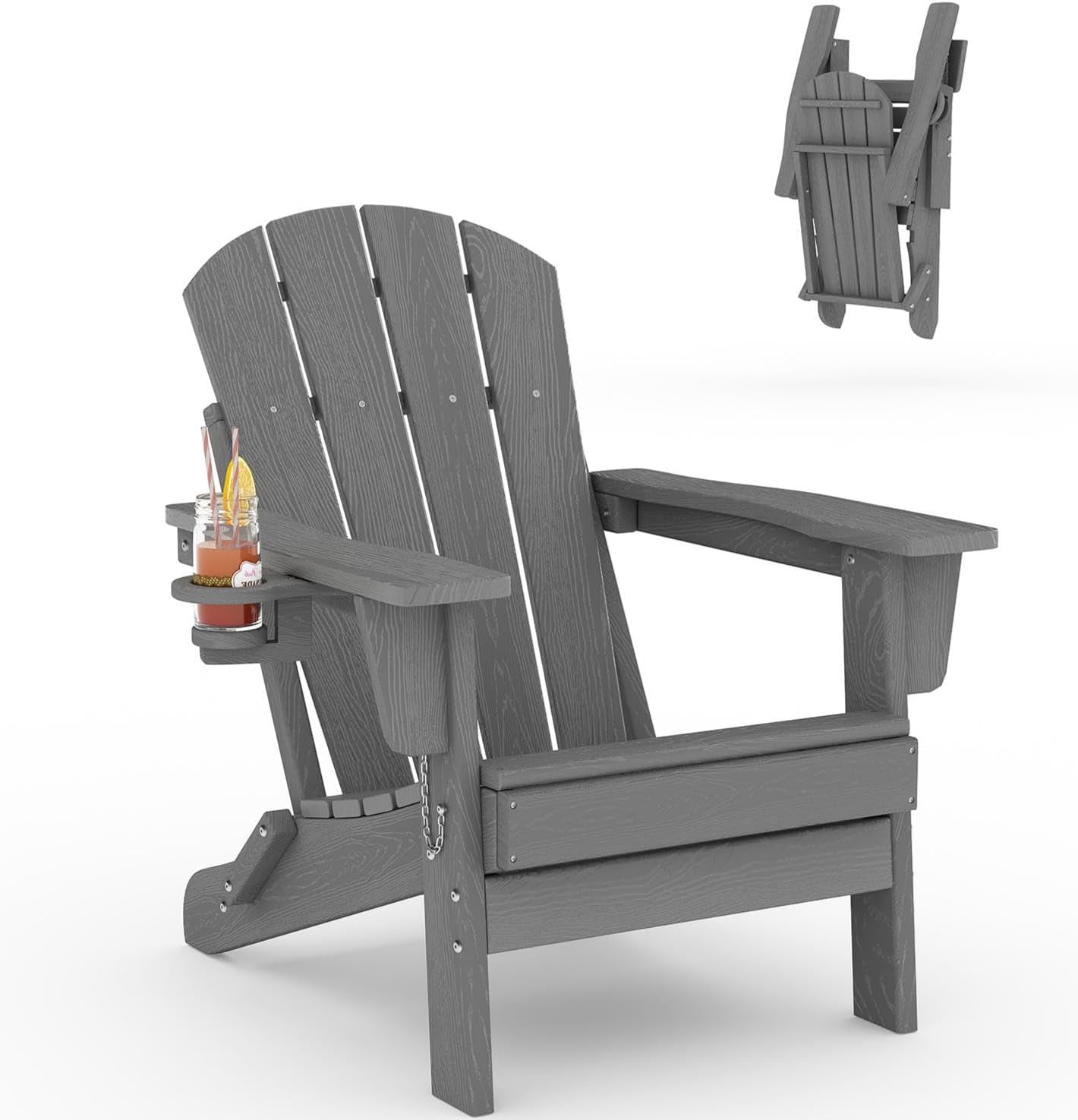 Patio Furniture Folding Adirondack Chair, All Weather HDPE Outdoor Chair, Wooden Textured with Cup Holder for patios, Decks, Gardens, fire pits, Grey