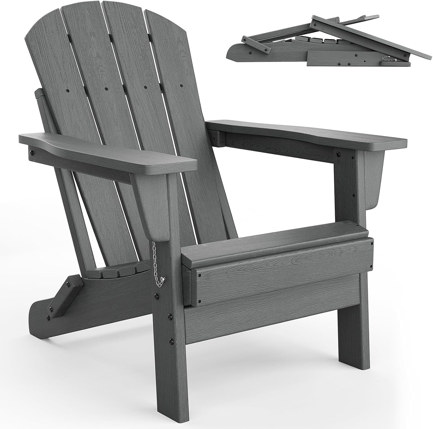 Patio Furniture Folding Adirondack Chairs, HDPE Plastic Outdoor Chairs with Wood Texture 380Lbs & Weather Resistant for Fire Pit, Deck, Patio, Pool, Backyard Gray