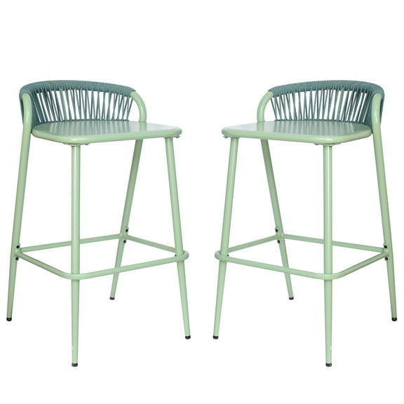 Patio Furniture Outdoor 29" Seat Height Aluminum Frame Barstools with Rope-woven Scallop-shaped Backrest, Set of 2, Sage,Patio Chairs