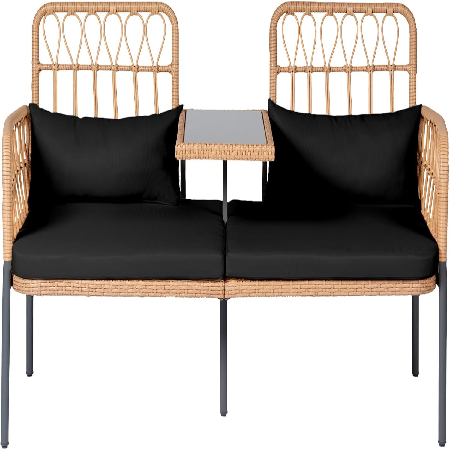 Patio Furniture Outdoor Rattan Loveseat 2Seat with in Table Lumbar