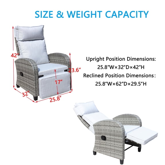 Patio Furniture Outdoor Wicker Recliner Chair with Adjustable Backrest and Armrests,All Weather Conversation Chairs , for Courtyard Swimming Pool Balcony,Patio Chairs
