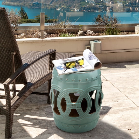 Patio Furniture Outsunny 14" x 17" Ceramic Garden Stool with Double-Coin Knotted Ring Design & Strong Glazed Material, Decorative End Table, Home Collection, Antique Blue,Patio Chairs