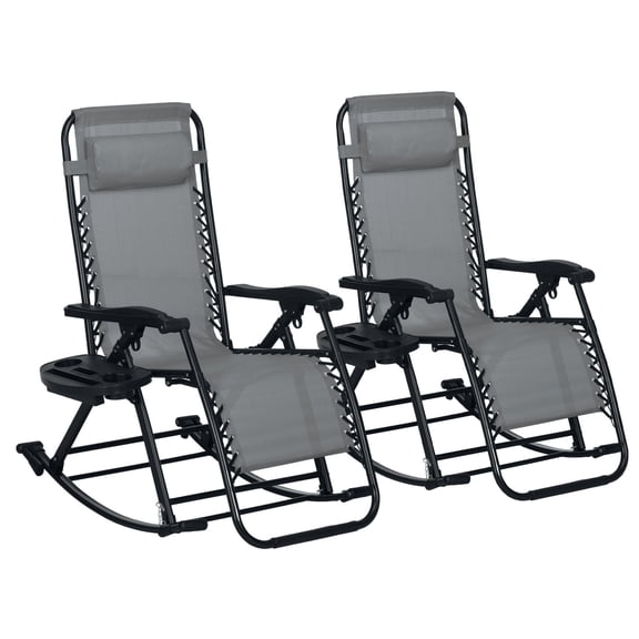 Patio Furniture Outsunny 2 Pieces Outdoor Rocking Chairs, Foldable Reclining Zero Gravity Lounge Rocker with Pillow, Cup & Phone Holder, Combo Design with Folding Legs, Gray,Patio Chairs