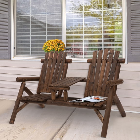 Patio Furniture Outsunny 2-Seat Wooden Adirondack Chair, Patio Bench with Table, Outdoor Loveseat Fire Pit Chair for Porch, Backyard, Deck, Carbonized,Patio Chairs