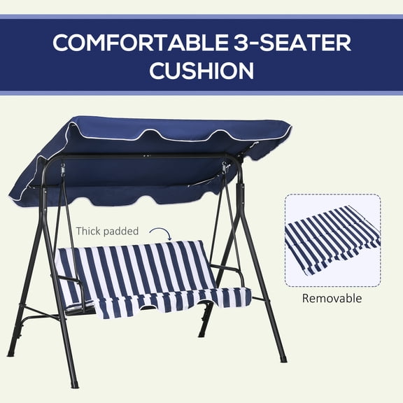 Patio Furniture Outsunny 3-Seat Outdoor Patio Swing Chair with Removable Cushion, Steel Frame Stand and Adjustable Tilt Canopy for Patio, Garden, Poolside, Balcony, Backyard, Dark Blue,Patio Chairs
