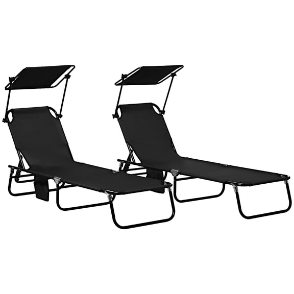 Patio Furniture Outsunny Folding Chaise Lounge Pool Chairs, Outdoor Sun Tanning Chairs with Canopy Shade, Reclining Back, Steel Frame and Side Pocket for Beach, Yard, Patio, Black,Patio Chairs