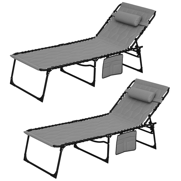 Patio Furniture Outsunny Folding Chaise Lounge Set with 5-level Reclining Back, Outdoor Lounge Tanning Chair with Padded Seat, Side Pocket & Headrest for Beach, Yard, Patio, Gray,Patio Chairs