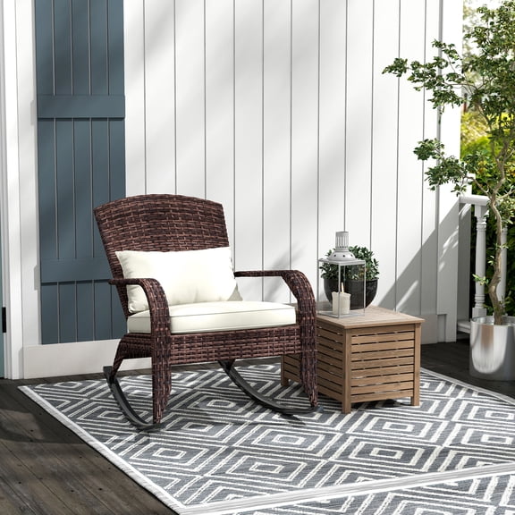 Patio Furniture Outsunny Outdoor Wicker Adirondack Rocking Chair, Patio Rattan Rocker Chair with High Back, Seat Cushion, and Pillow for Garden, Porch, Balcony, Cream White,Patio Chairs