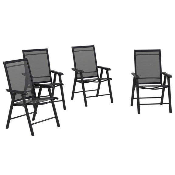 Patio Furniture Outsunny Set of 4 Patio Folding Chairs, Stackable Outdoor Sling Patio Dining Chairs with Armrests for Lawn, Camping, Dining, Beach, Metal Frame, No Assembly, Black,Patio Chairs