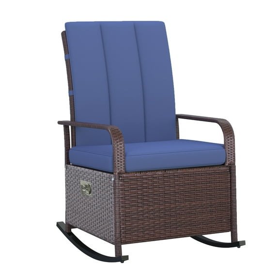 Patio Furniture Outsunny Wicker Outdoor Rocking Chair, Patio Recliner with Adjustment Backrest, PE Rattan Lounge Chair with Adjustable Footrest and Cushions for Garden, Backyard, Porch, Blue,Patio C