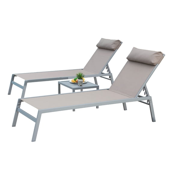 Patio Furniture Patio Chaise Lounge Set of 3, Aluminum Lounge Chairs with 5 Adjustable Positions, Outdoor Chaise Lounge for Pool, Deck, Garden, Backyard, Sunbathing (Khaki,2 Lounge Chairs+1 Table),Ou