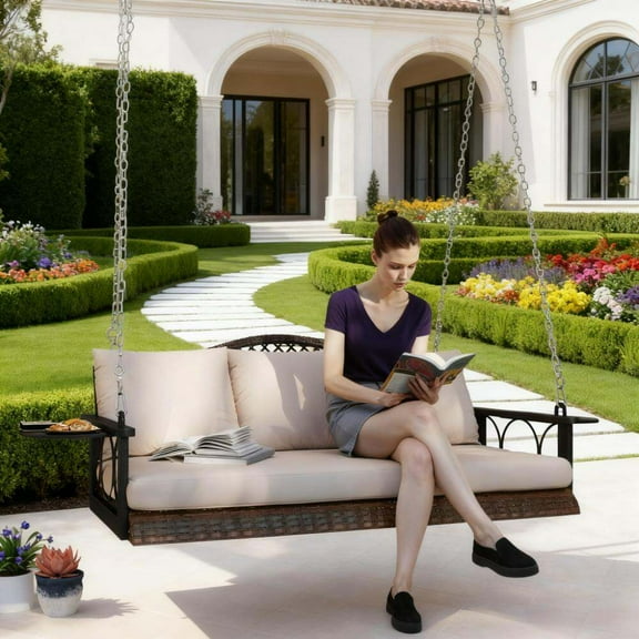 Patio Furniture Porch Swing 3 Person Wicker Hanging Outdoor Patio Porch Swing Bench,Outdoor Sofa