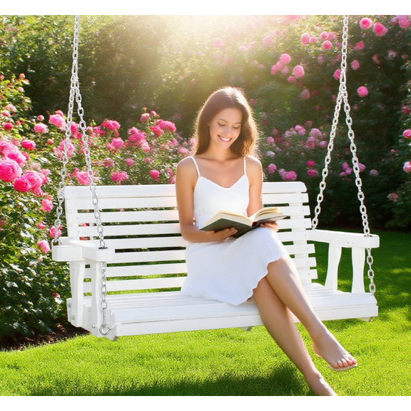 Patio Furniture Porch Swing with Chains and Cupholders, Wooden Patio Swing Chair,Outdoor Sofa